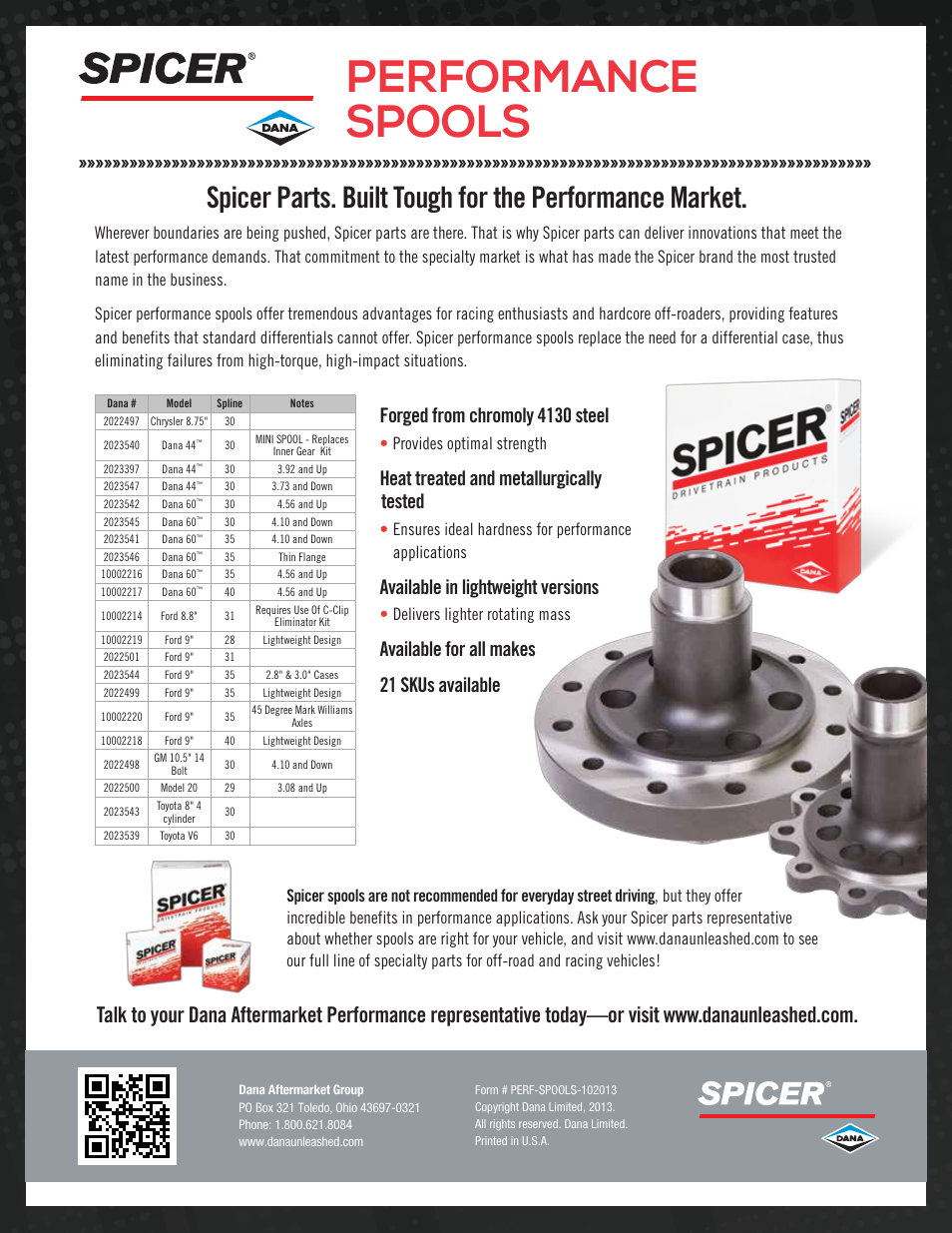 Performance spools, Forged from chromoly 4130 steel, Heat treated and metallurgically tested | Available in lightweight versions, Available for all makes 21 skus available, Provides optimal strength, Delivers lighter rotating mass | Spicer Performance Spools User Manual | Page 2 / 2