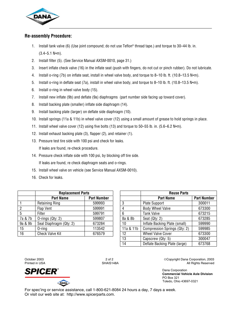 Spicer Wheel Valve Rebuild Kit – Number 512888 User Manual | Page 2 / 2