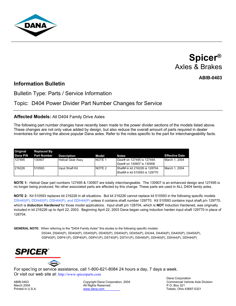 Spicer D404 Power Divider User Manual | 1 page
