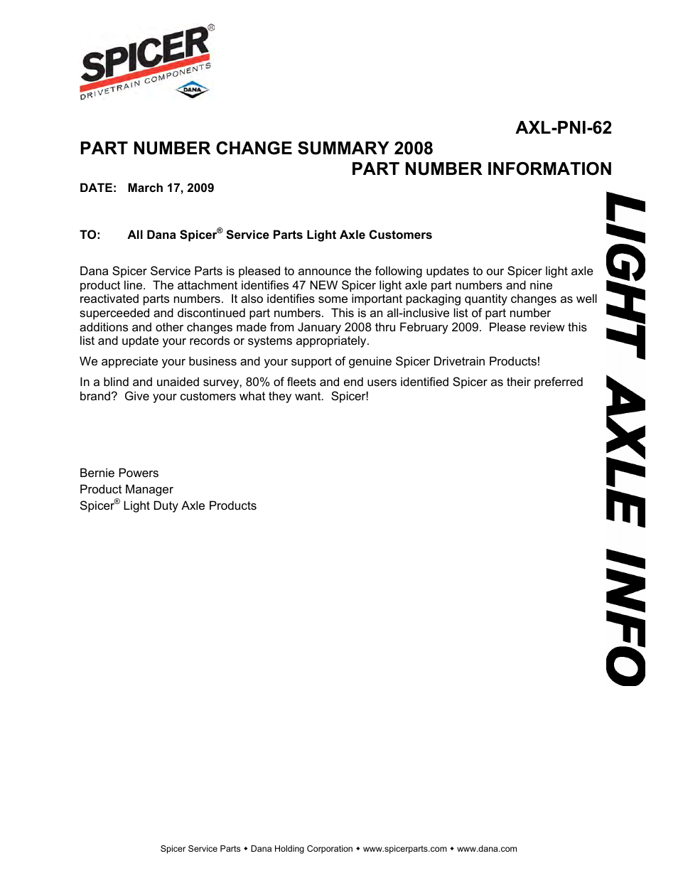 Spicer Part Number Change Summary 2008 User Manual | 7 pages