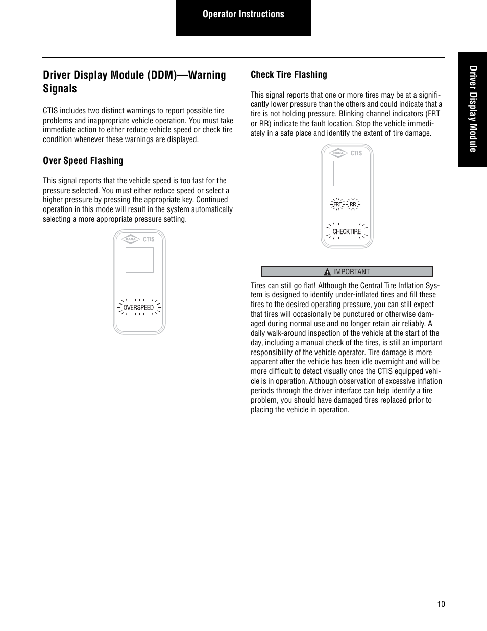Driver display module —warning signals, Driver display module (ddm)—warning signals | Spicer CTIS (Central Tire Inflation System) Troubleshooting Guide User Manual | Page 13 / 72