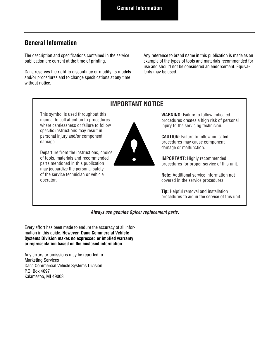 General information, Important notice | Spicer CTIS (Central Tire Inflation System) Troubleshooting Guide User Manual | Page 2 / 72