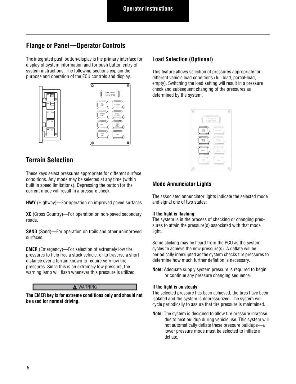 Flange or panel—operator controls, Terrain selection, Operator instructions | Load selection (optional), Mode annunciator lights, Warning | Spicer CTIS (Central Tire Inflation System) Troubleshooting Guide User Manual | Page 8 / 72