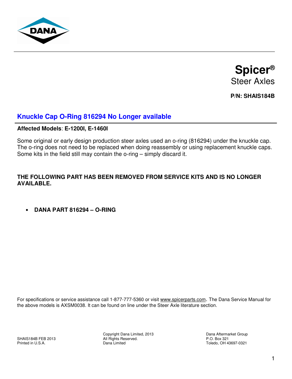 Spicer 816294 User Manual | 1 page
