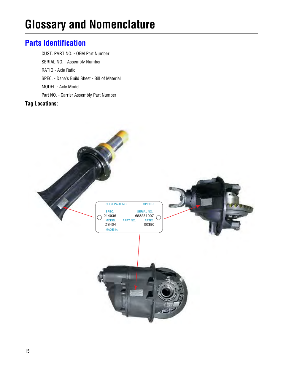 Parts identification, Glossary and nomenclature, Tag locations | Spicer Drive Axles Failure Analysis Service Manual User Manual | Page 16 / 50