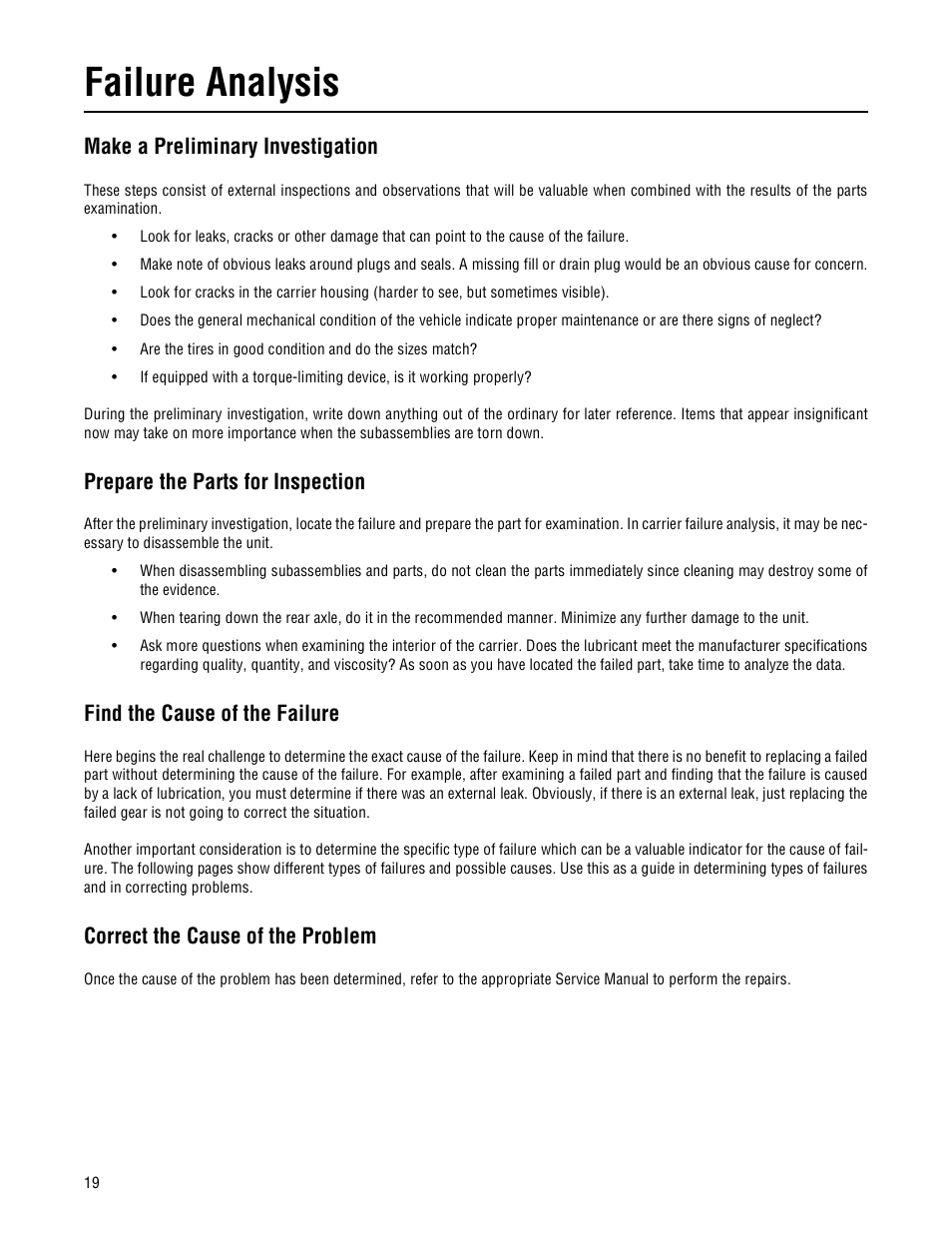 Make a preliminary investigation, Prepare the parts for inspection, Find the cause of the failure | Correct the cause of the problem, Failure analysis | Spicer Drive Axles Failure Analysis Service Manual User Manual | Page 20 / 50