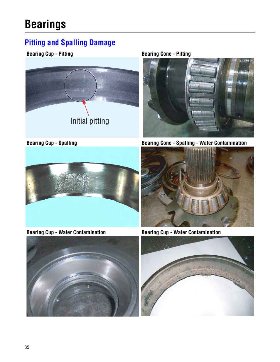 Pitting and spalling damage, Bearings, Initial pitting | Spicer Drive Axles Failure Analysis Service Manual User Manual | Page 36 / 50