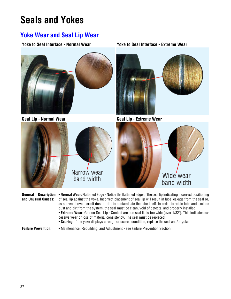 Yoke wear and seal lip wear, Seals and yokes, Wide wear band width | Narrow wear band width | Spicer Drive Axles Failure Analysis Service Manual User Manual | Page 38 / 50