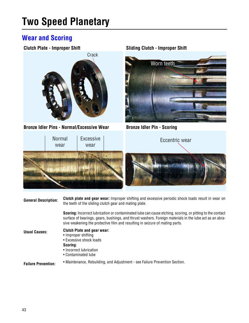 Wear and scoring, Two speed planetary | Spicer Drive Axles Failure Analysis Service Manual User Manual | Page 44 / 50