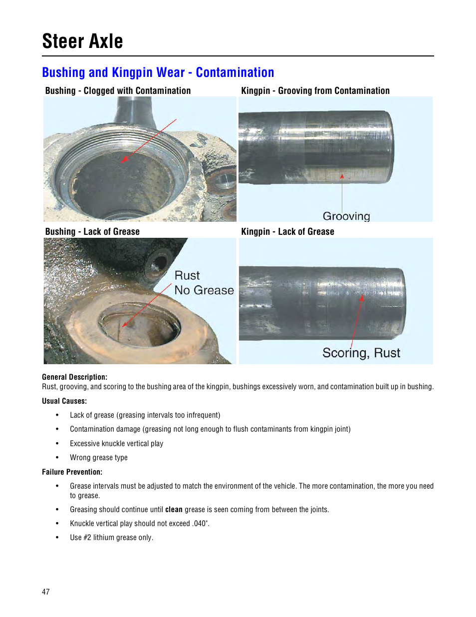 Bushing and kingpin wear - contamination, Steer axle | Spicer Drive Axles Failure Analysis Service Manual User Manual | Page 48 / 50