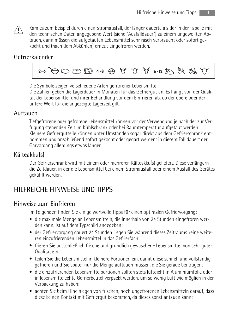 Hilfreiche hinweise und tipps, Gefrierkalender, Auftauen | Kälteakku(s), Hinweise zum einfrieren | AEG ELECTROLUX AGS 1921 User Manual | Page 11 / 84