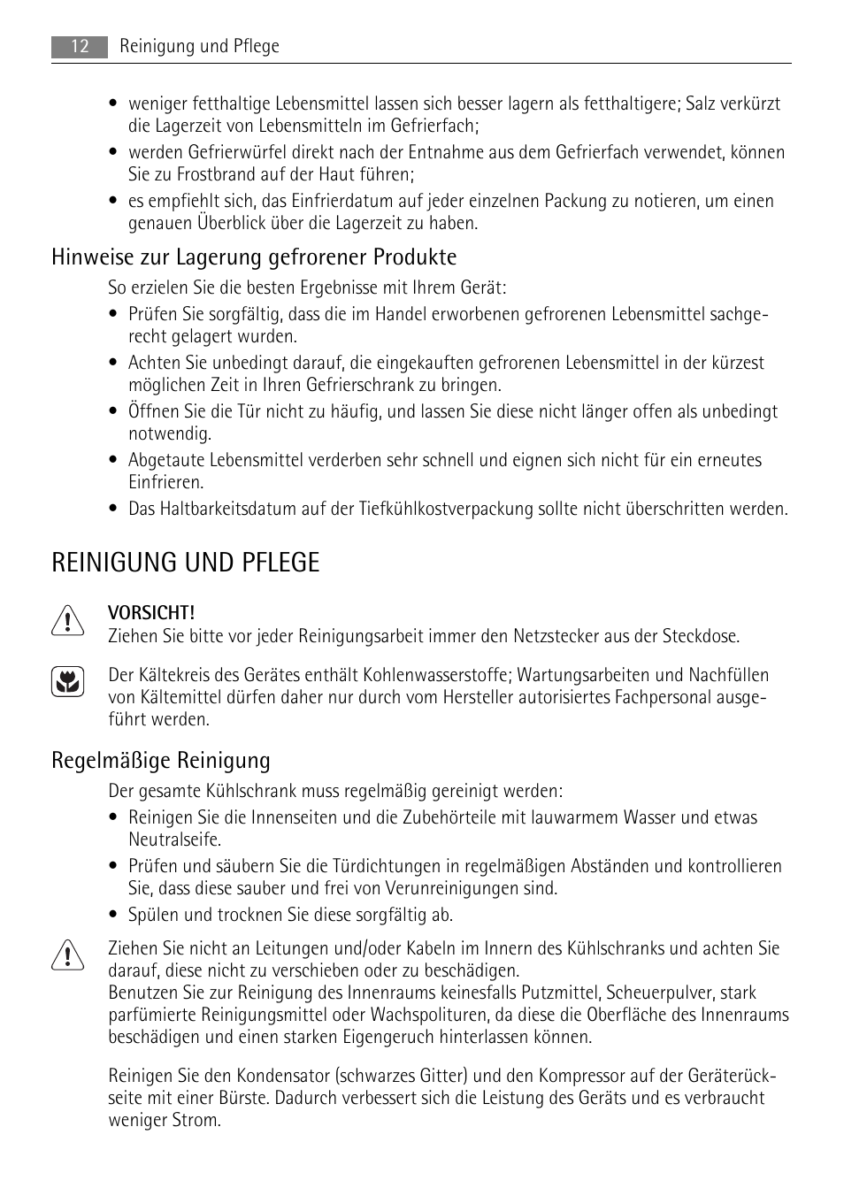 Reinigung und pflege, Hinweise zur lagerung gefrorener produkte, Regelmäßige reinigung | AEG ELECTROLUX AGS 1921 User Manual | Page 12 / 84