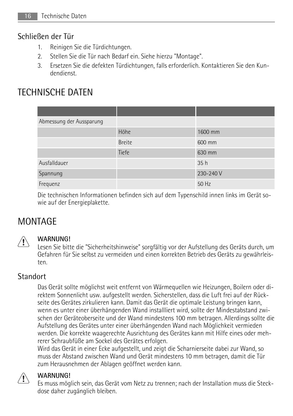 Technische daten, Montage, Schließen der tür | Standort | AEG ELECTROLUX AGS 1921 User Manual | Page 16 / 84
