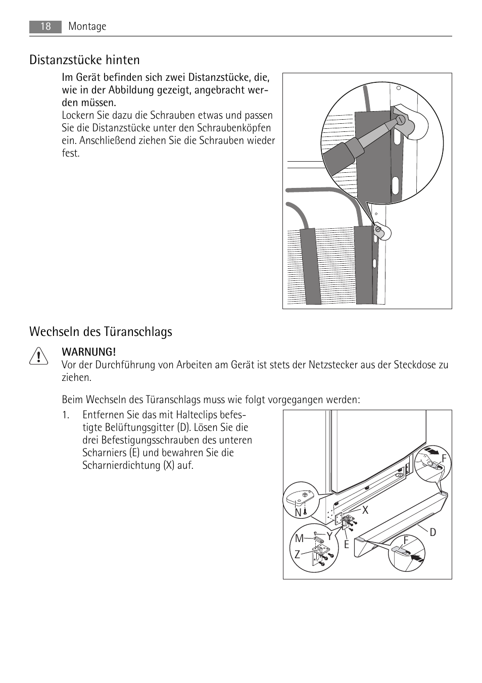 Distanzstücke hinten, Wechseln des türanschlags | AEG ELECTROLUX AGS 1921 User Manual | Page 18 / 84