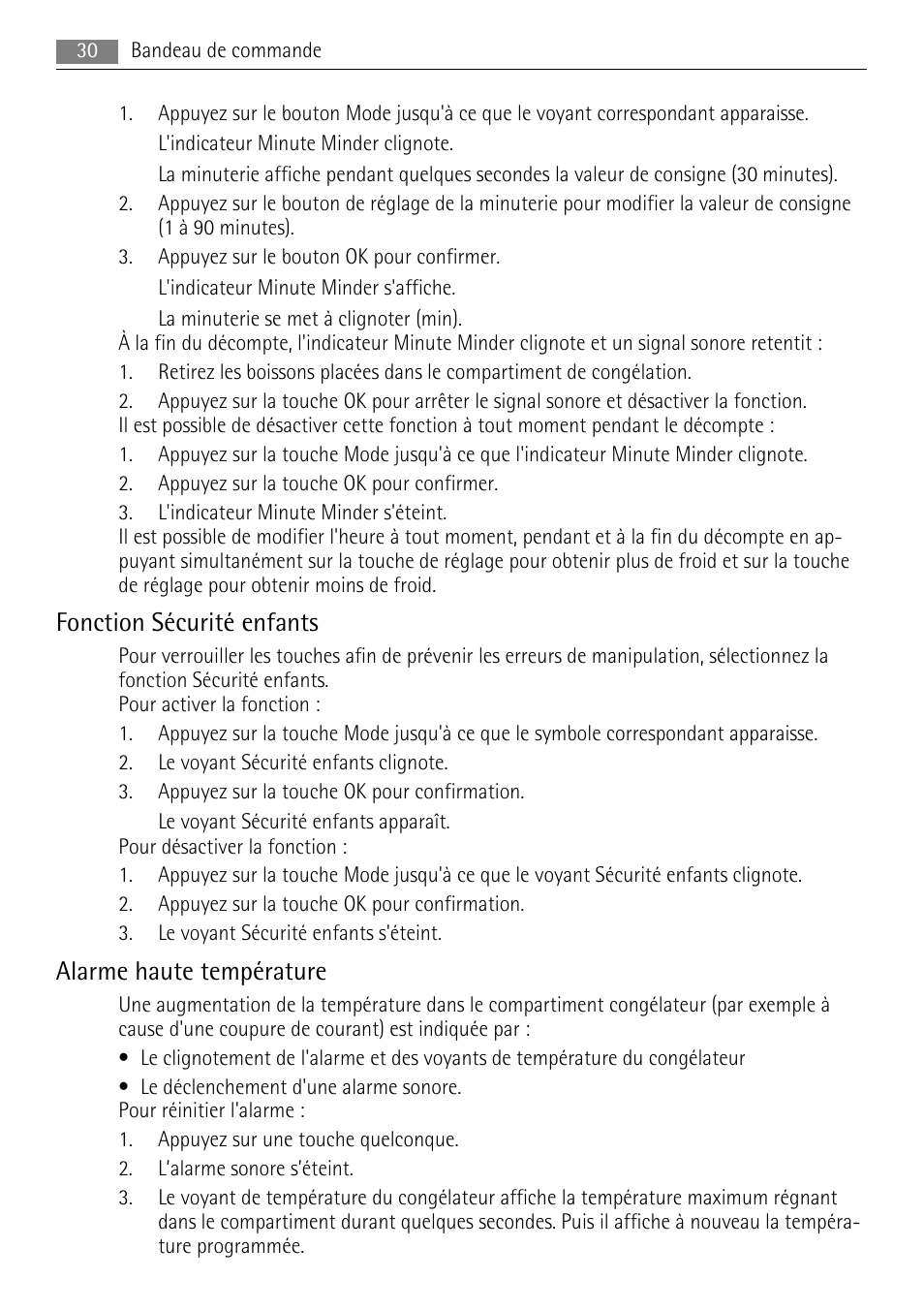 Fonction sécurité enfants, Alarme haute température | AEG ELECTROLUX AGS 1921 User Manual | Page 30 / 84