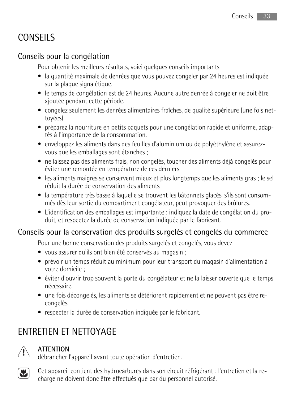 Conseils, Entretien et nettoyage, Conseils pour la congélation | AEG ELECTROLUX AGS 1921 User Manual | Page 33 / 84