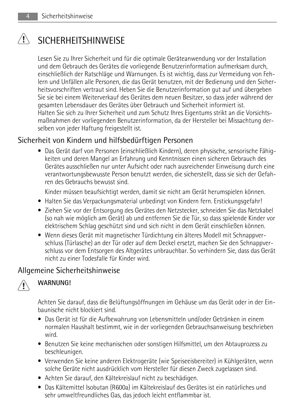 Sicherheitshinweise, Allgemeine sicherheitshinweise | AEG ELECTROLUX AGS 1921 User Manual | Page 4 / 84