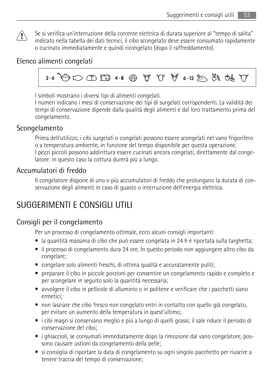 Suggerimenti e consigli utili, Elenco alimenti congelati, Scongelamento | Accumulatori di freddo, Consigli per il congelamento | AEG ELECTROLUX AGS 1921 User Manual | Page 53 / 84