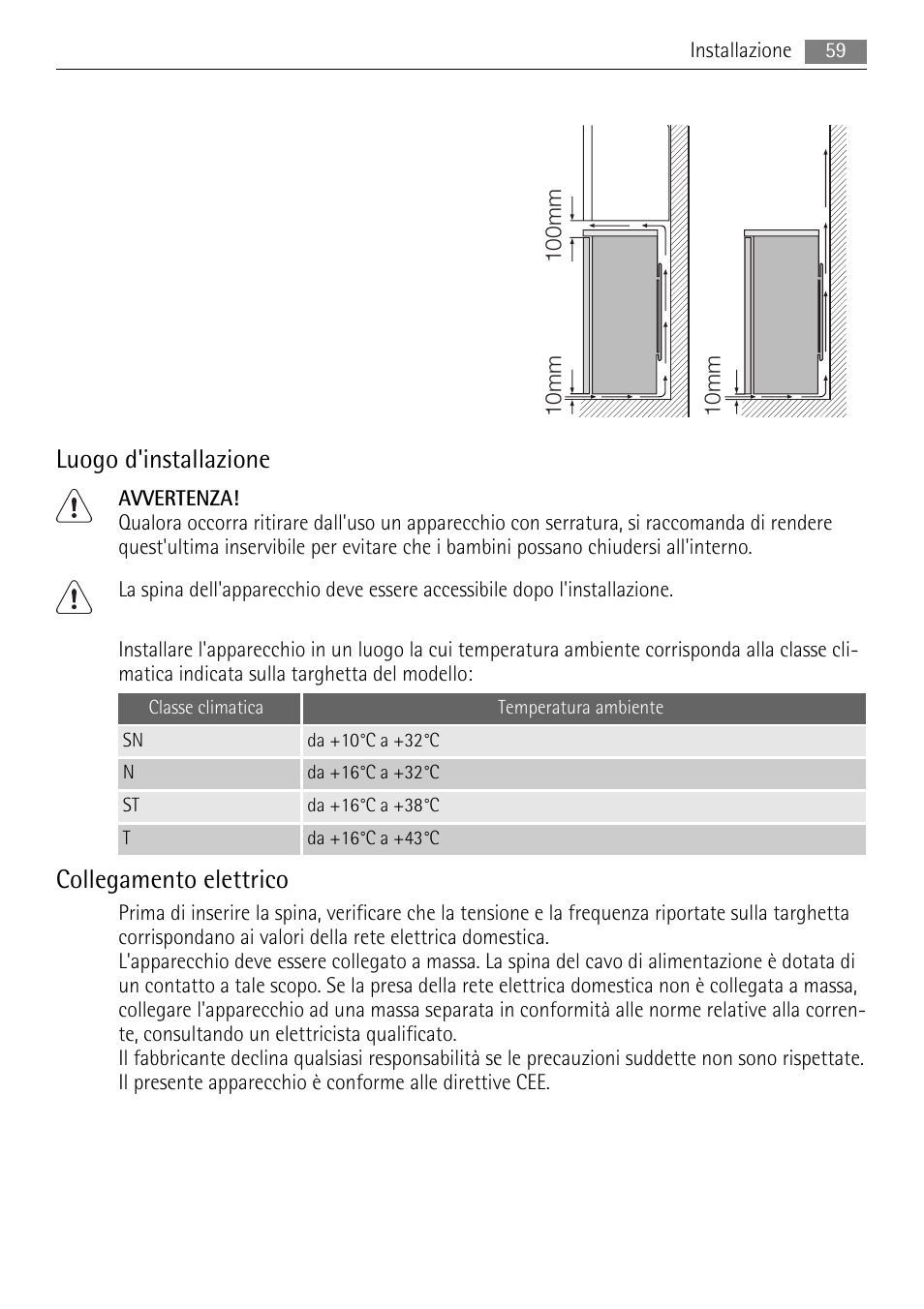 Luogo d'installazione, Collegamento elettrico | AEG ELECTROLUX AGS 1921 User Manual | Page 59 / 84