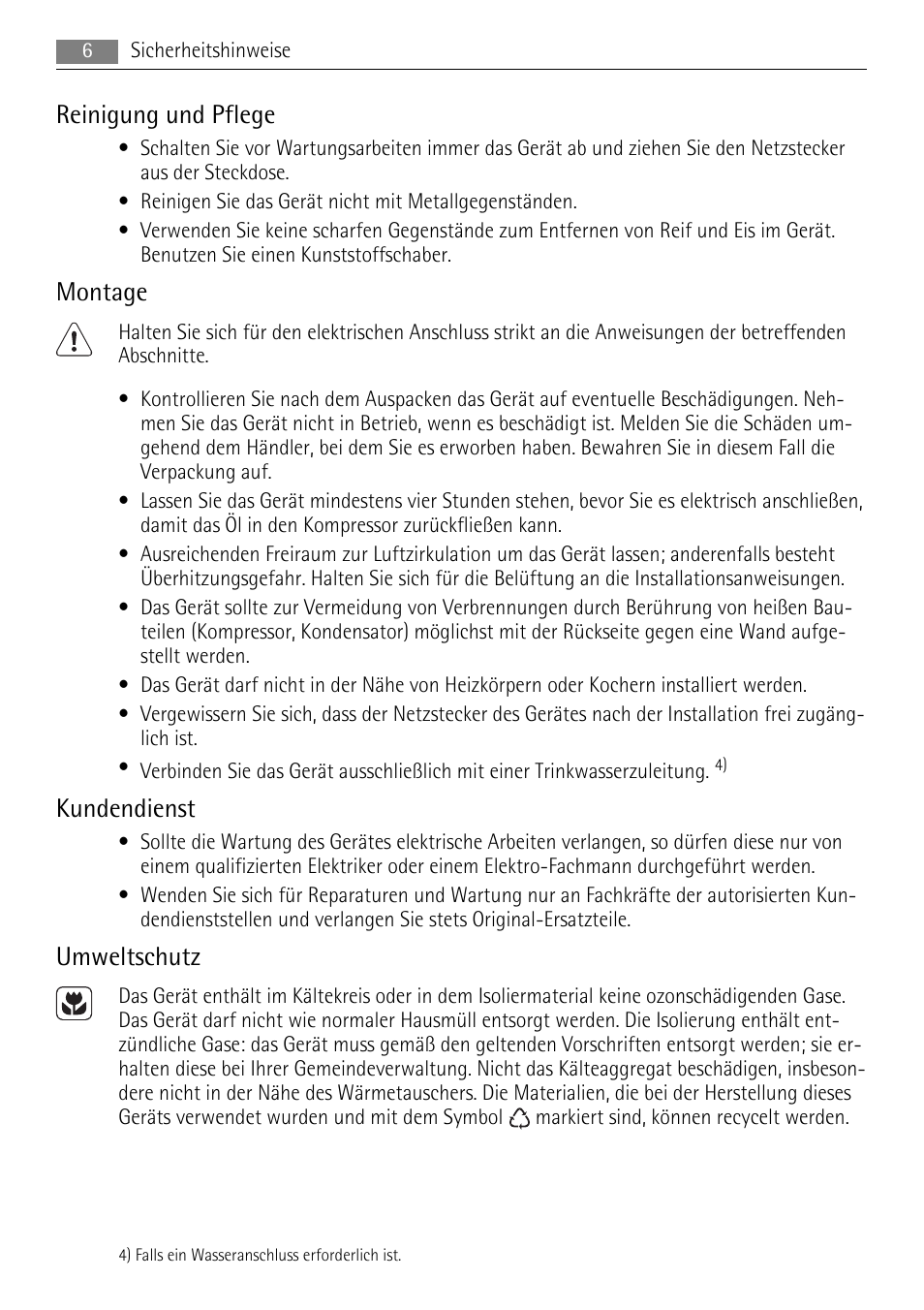 Reinigung und pflege, Montage, Kundendienst | Umweltschutz | AEG ELECTROLUX AGS 1921 User Manual | Page 6 / 84