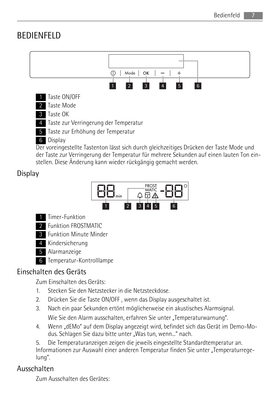 Bedienfeld, Display, Einschalten des geräts | Ausschalten | AEG ELECTROLUX AGS 1921 User Manual | Page 7 / 84