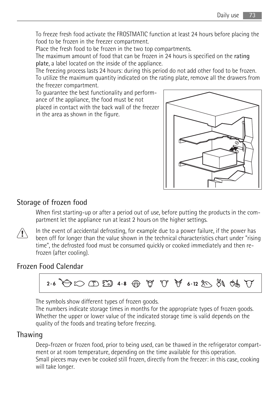 Storage of frozen food, Frozen food calendar, Thawing | AEG ELECTROLUX AGS 1921 User Manual | Page 73 / 84
