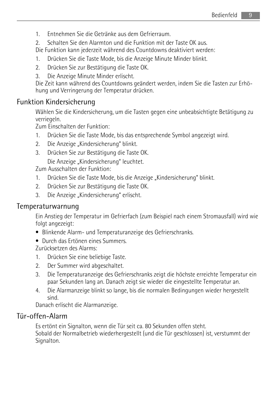 Funktion kindersicherung, Temperaturwarnung, Tür-offen-alarm | AEG ELECTROLUX AGS 1921 User Manual | Page 9 / 84