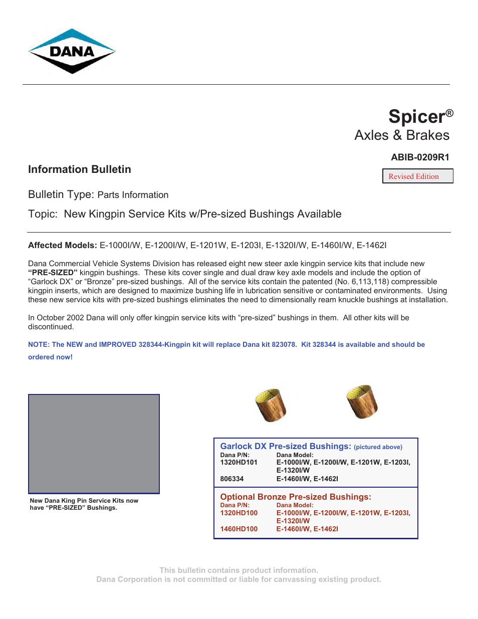 Spicer New Kingpin Service Kits w_Pre-sized Bushings Available User Manual | 3 pages