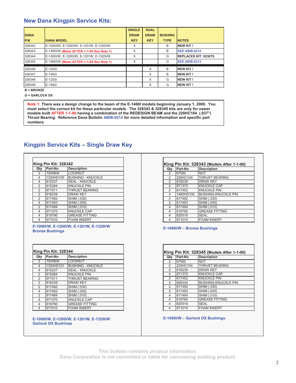 New dana kingpin service kits, Kingpin service kits – single draw key | Spicer New Kingpin Service Kits w_Pre-sized Bushings Available User Manual | Page 2 / 3