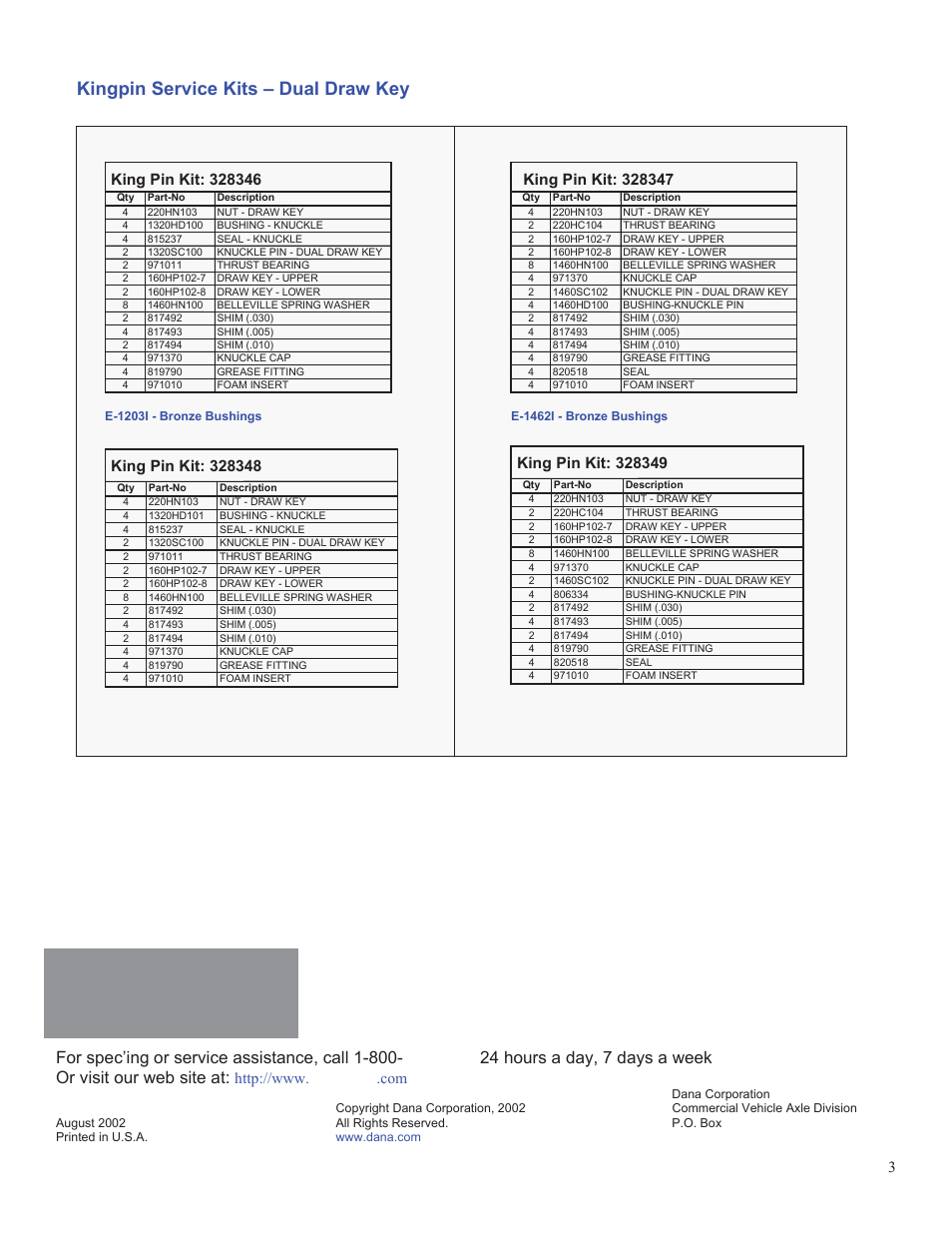 Kingpin service kits – dual draw key | Spicer New Kingpin Service Kits w_Pre-sized Bushings Available User Manual | Page 3 / 3