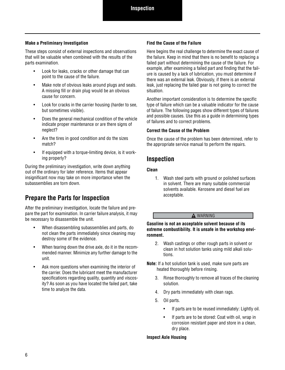 Prepare the parts for inspection, Inspection | Spicer Convertible Tandem Axles User Manual | Page 12 / 72