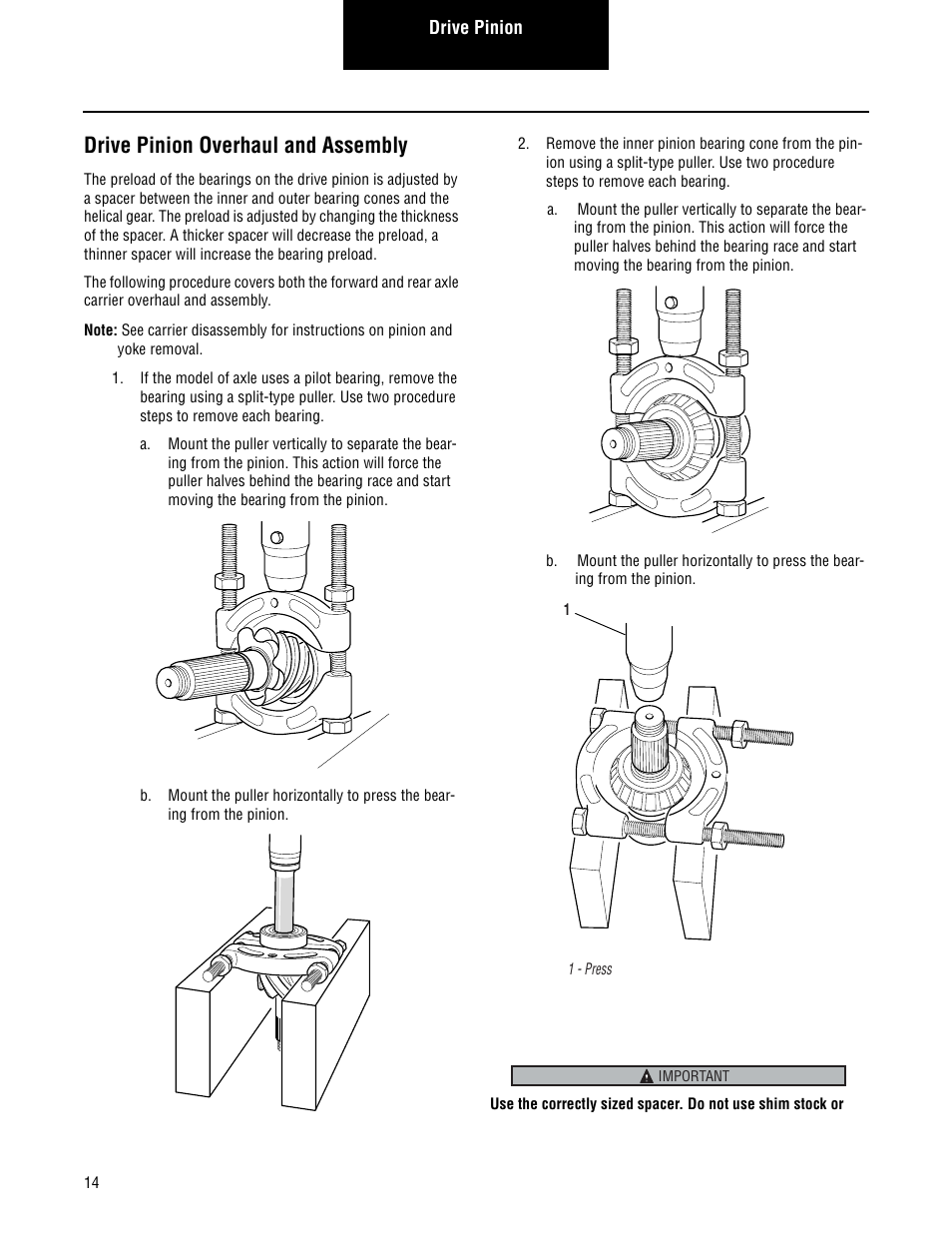 Drive pinion overhaul and assembly | Spicer Convertible Tandem Axles User Manual | Page 20 / 72