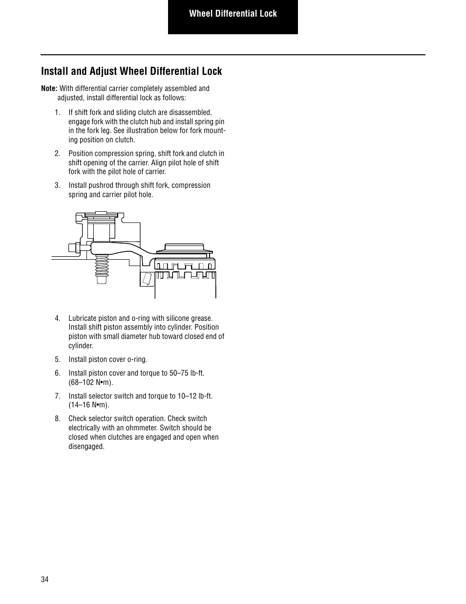 Install and adjust wheel differential lock . 34, Install and adjust wheel differential lock | Spicer Convertible Tandem Axles User Manual | Page 40 / 72