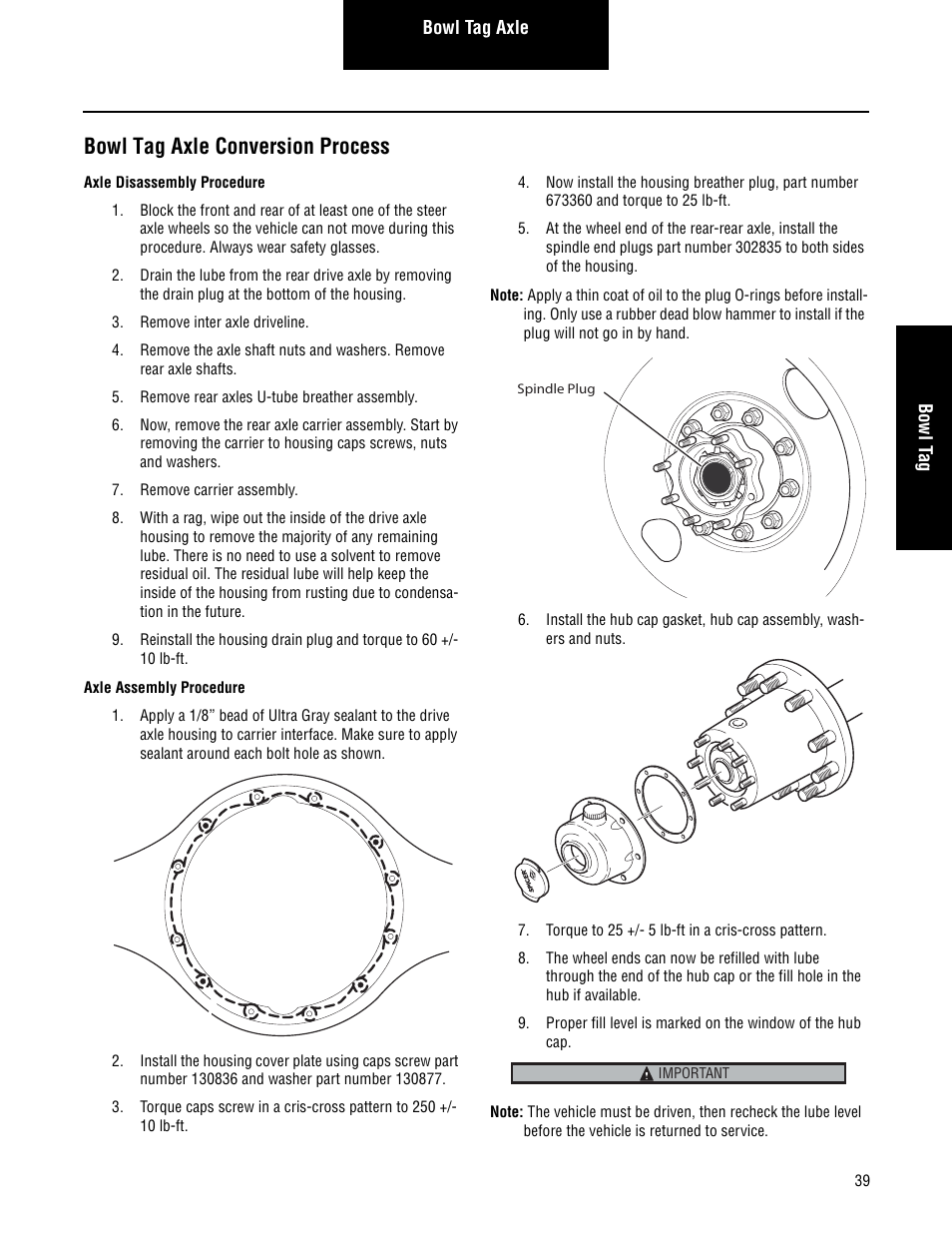 Bowl tag axle conversion process, Axle disassembly procedure axle assembly procedure | Spicer Convertible Tandem Axles User Manual | Page 45 / 72
