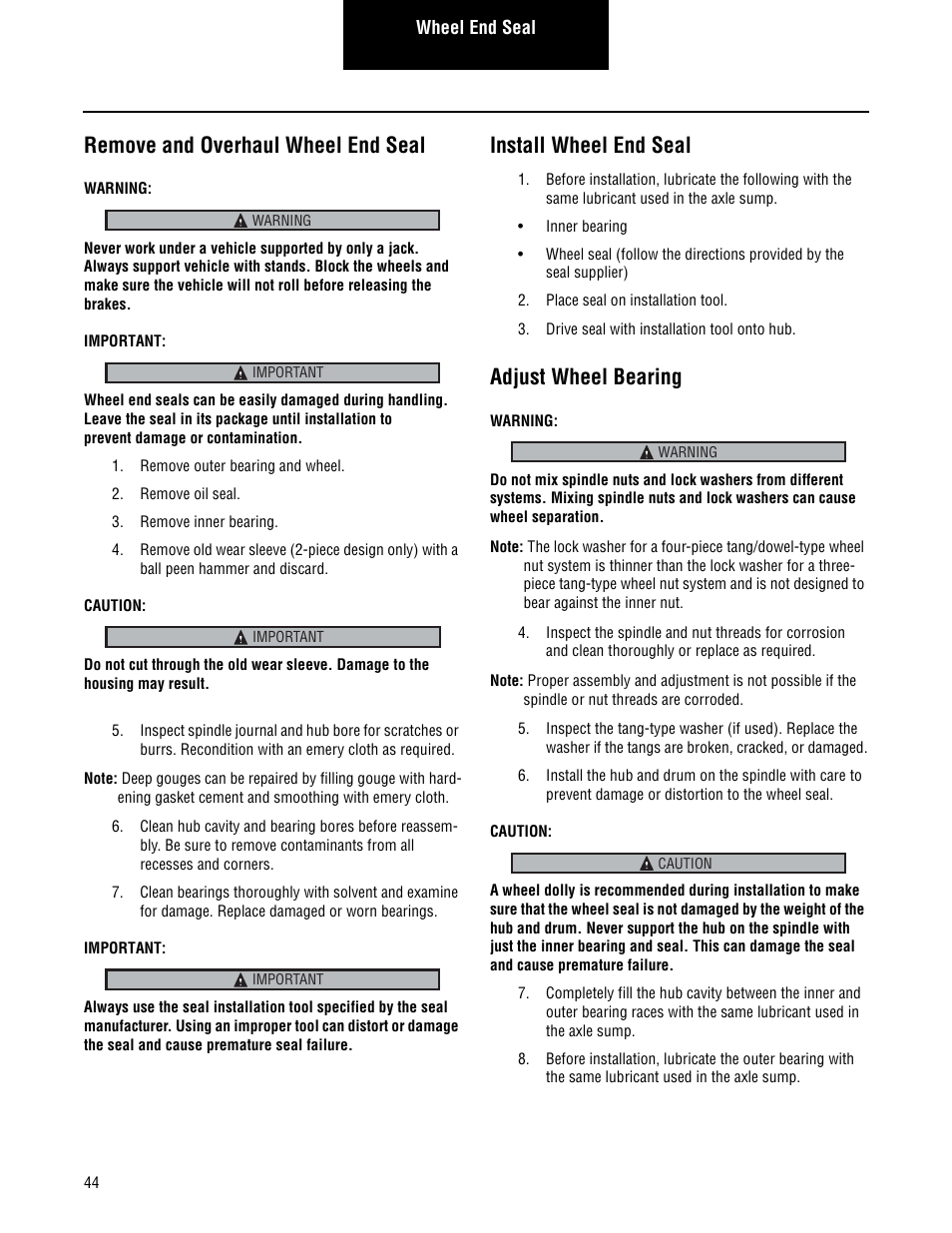 Remove and overhaul wheel end seal, Install wheel end seal, Adjust wheel bearing | Spicer Convertible Tandem Axles User Manual | Page 50 / 72