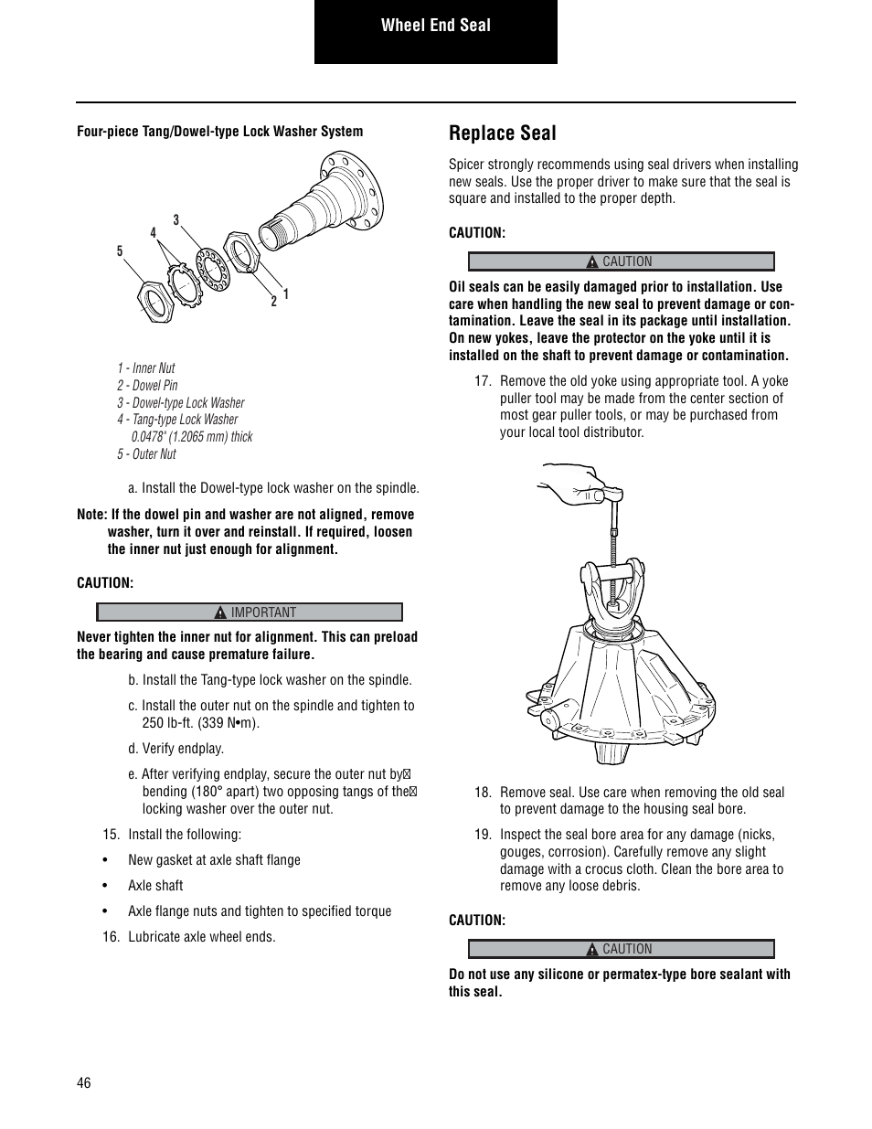 Four-piece tang/dowel-type, Lock washer system, Replace seal | Spicer Convertible Tandem Axles User Manual | Page 52 / 72