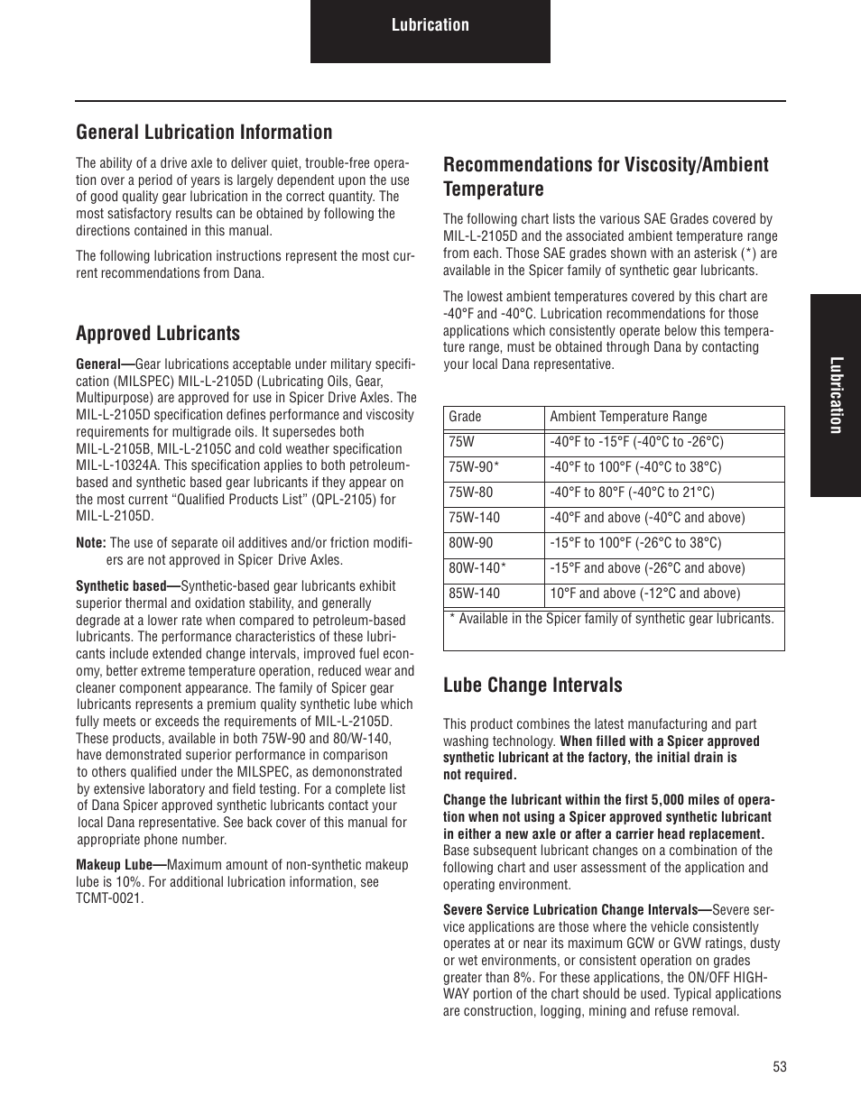 General lubrication information, Approved lubricants recommendations for viscosity, Ambient temperature lube change intervals | Approved lubricants, Recommendations for viscosity/ambient temperature, Lube change intervals | Spicer Convertible Tandem Axles User Manual | Page 59 / 72