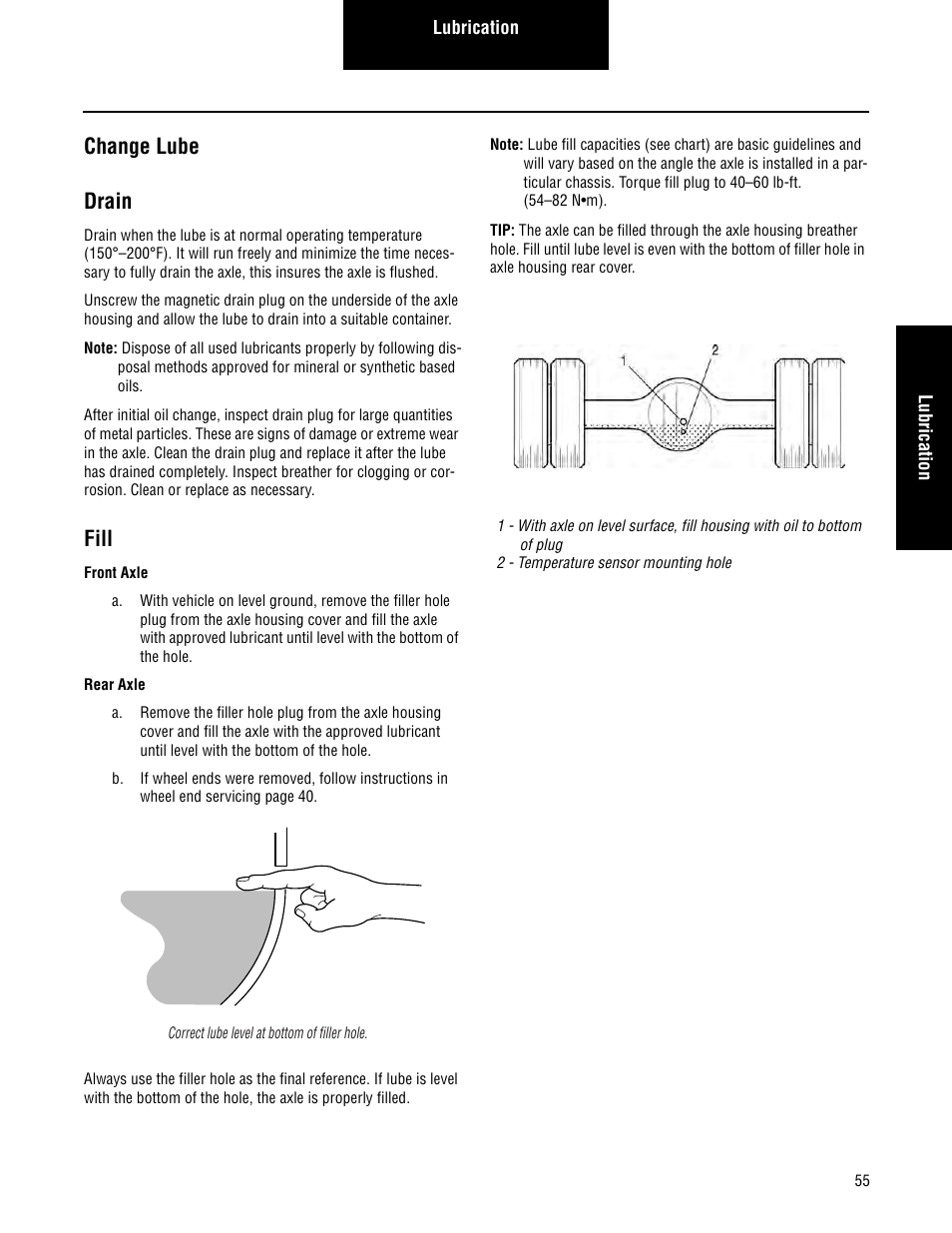 Change lube drain fill, Change lube drain, Fill | Spicer Convertible Tandem Axles User Manual | Page 61 / 72