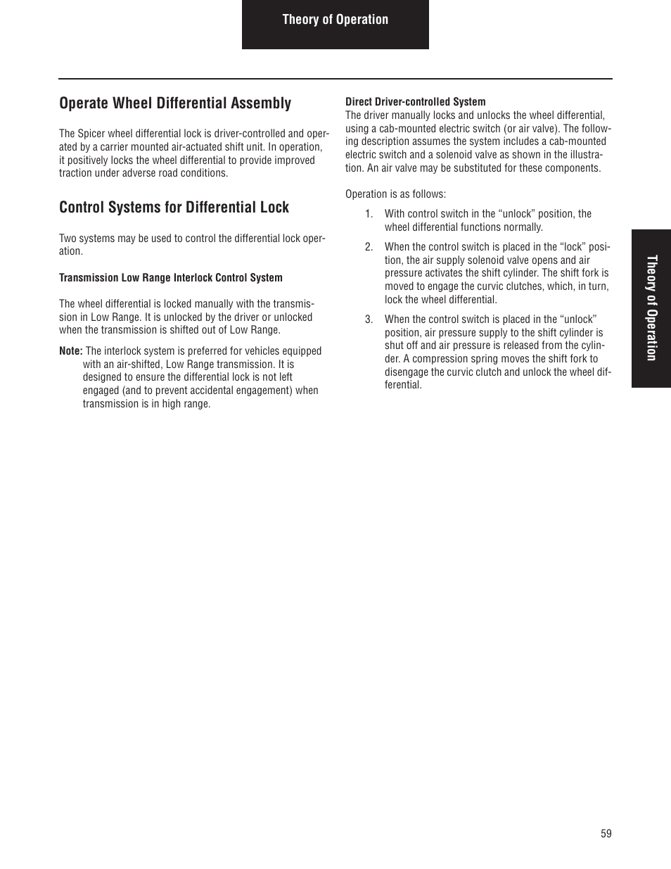 Operate wheel differential assembly, Control systems for differential lock | Spicer Convertible Tandem Axles User Manual | Page 65 / 72