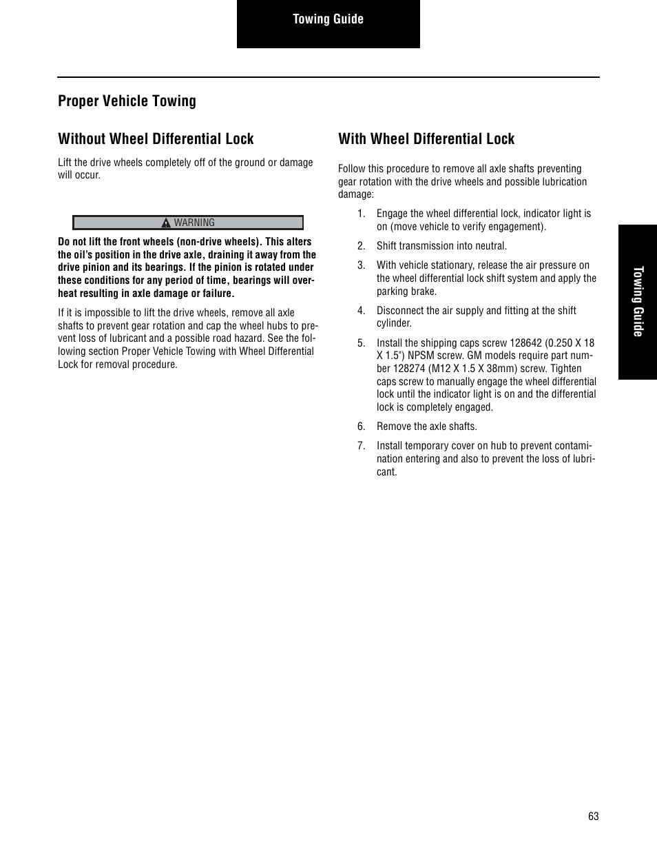 Proper vehicle towing, With wheel differential lock | Spicer Convertible Tandem Axles User Manual | Page 69 / 72