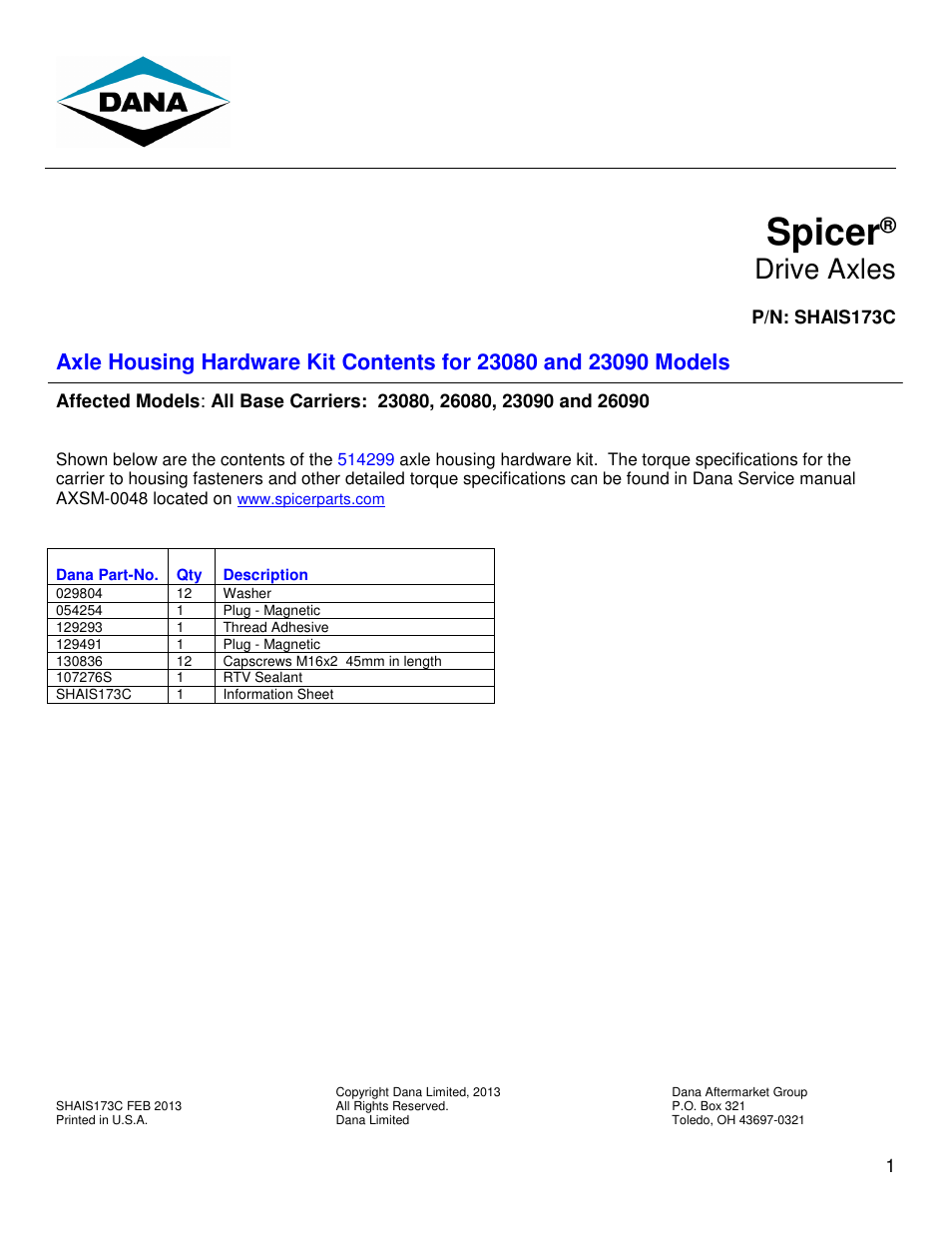 Spicer 23090 User Manual | 1 page