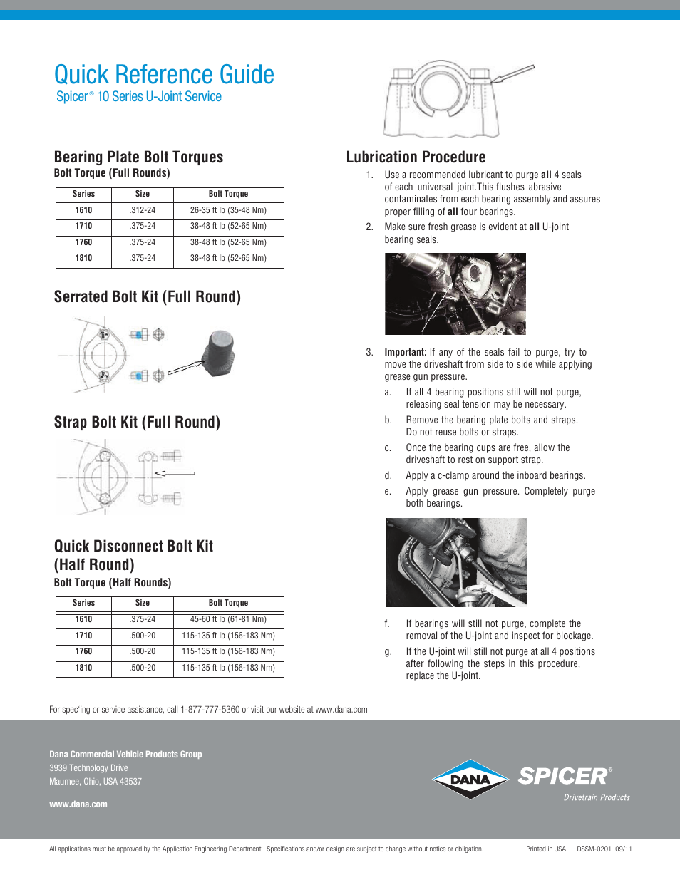 Quick reference guide, Bearing plate bolt torques, Lubrication procedure | Spicer, 10 series u-joint service | Spicer 10 Series U-Joint Service Quick Reference User Manual | Page 2 / 2
