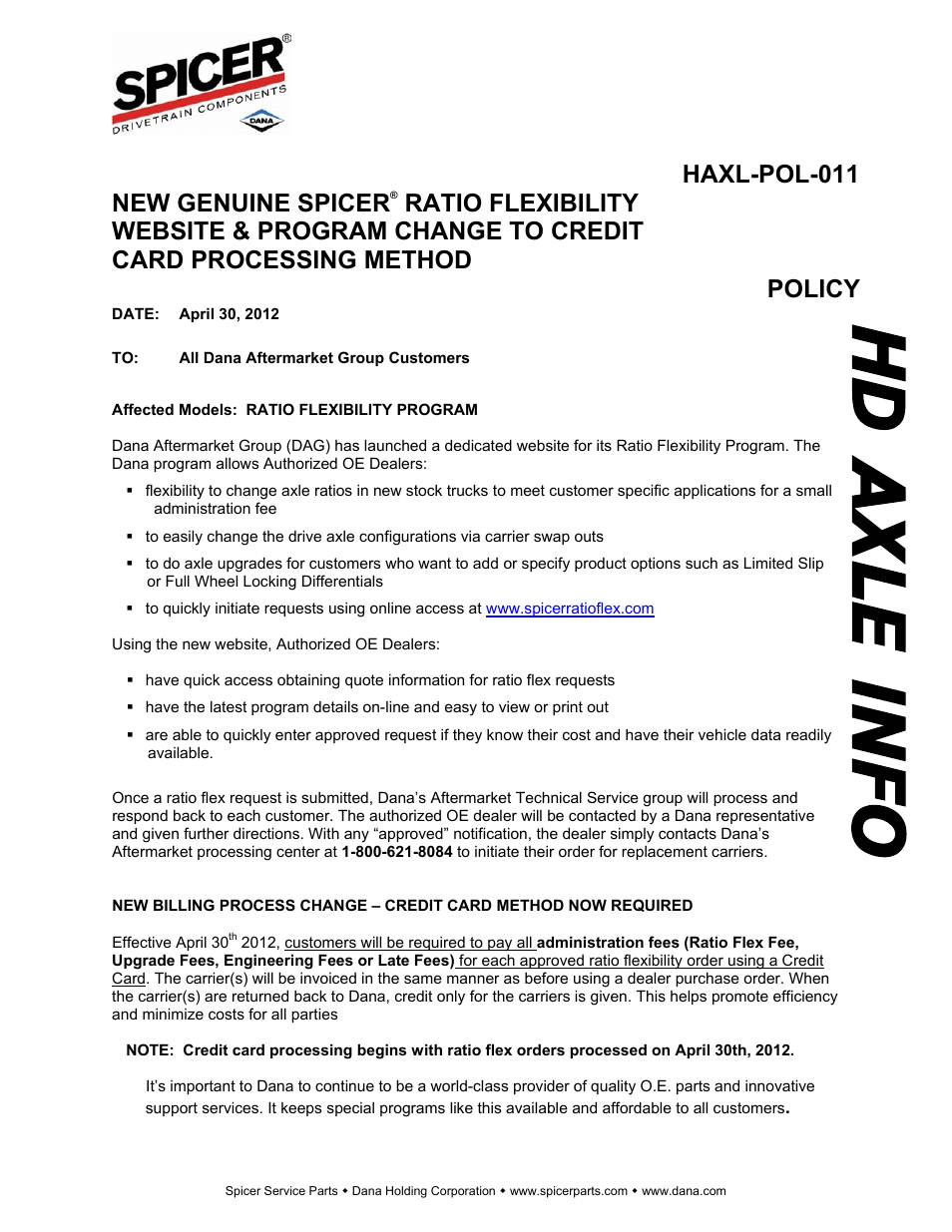 Spicer HAXL-POL-011 User Manual | 3 pages