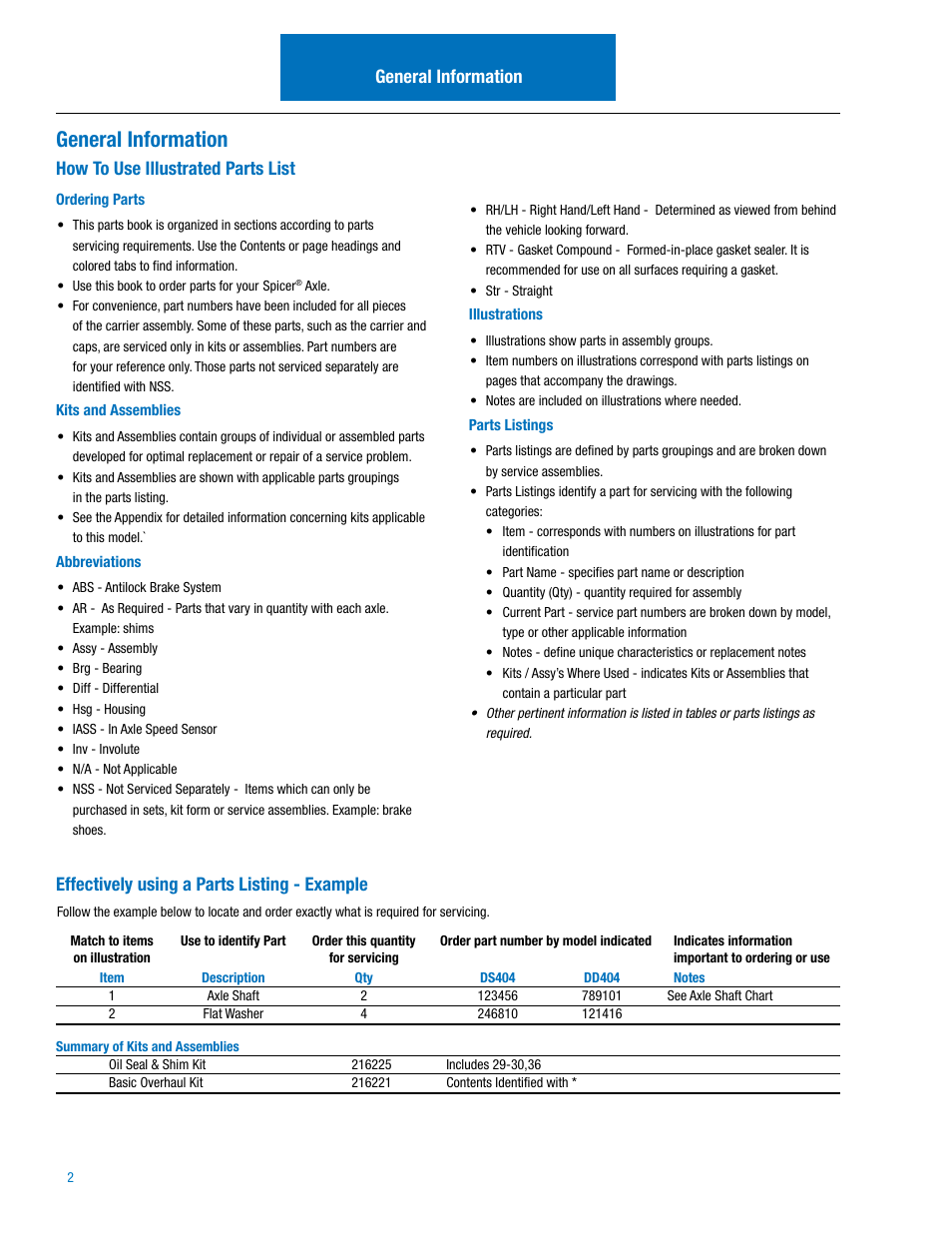 General information, How to use illustrated parts list, Effectively using a parts listing - example | Spicer IPL: 454 Tandem Drive Axle User Manual | Page 3 / 53