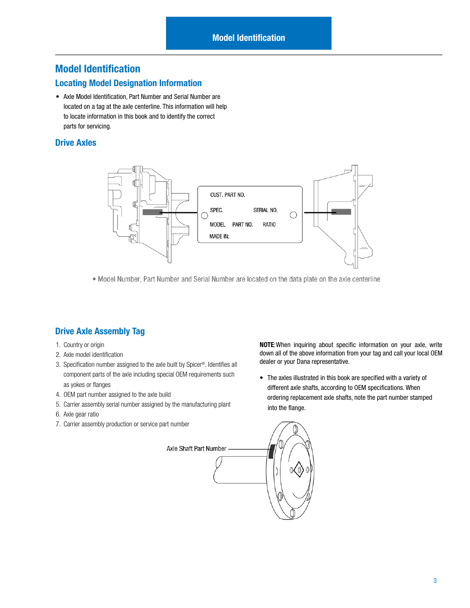 Model identification, Locating model designation information, Drive axles drive axle assembly tag | Spicer IPL: 454 Tandem Drive Axle User Manual | Page 4 / 53