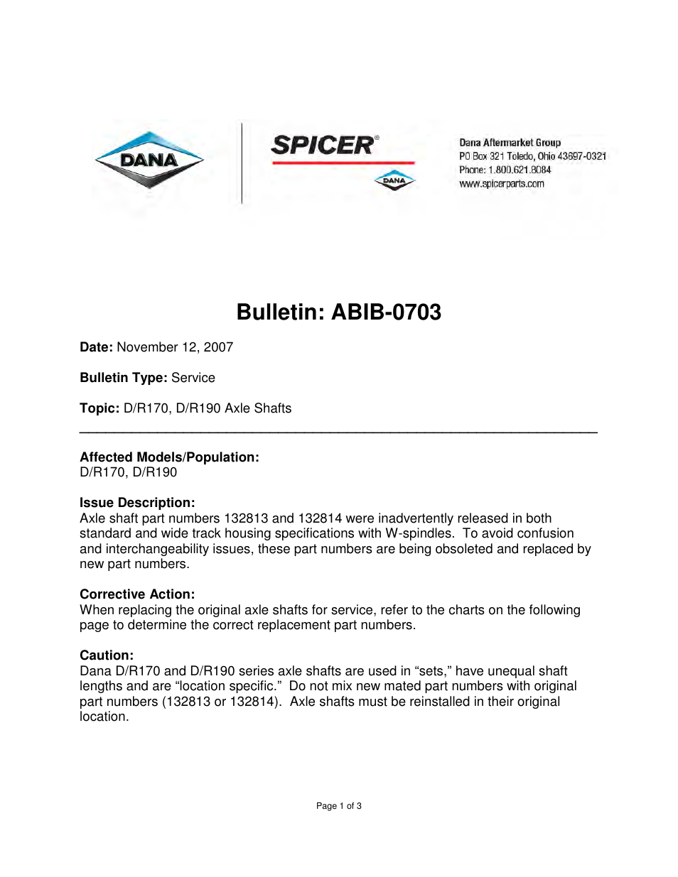 Spicer D_R190 User Manual | 3 pages