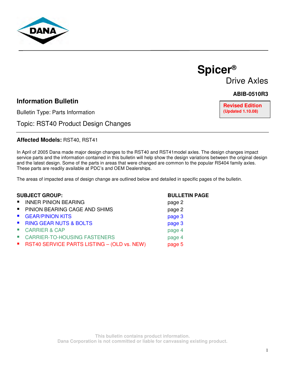 Spicer RST40 Product Design Changes User Manual | 5 pages