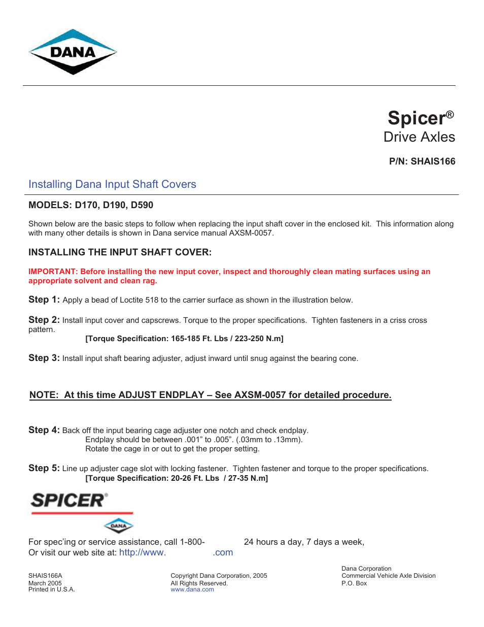Spicer Dana Input Shaft Covers Installation User Manual | 1 page