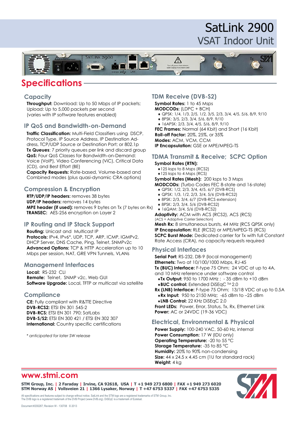 Satlink 2900, Vsat indoor unit, Specifications | Capacity tdm receive (dvb-s2) physical interfaces, Electrical, environmental & physical, Management interfaces, Compliance, Tdma transmit & receive; scpc option, Compression & encryption | STM SatLink 2900 VSAT User Manual | Page 2 / 2