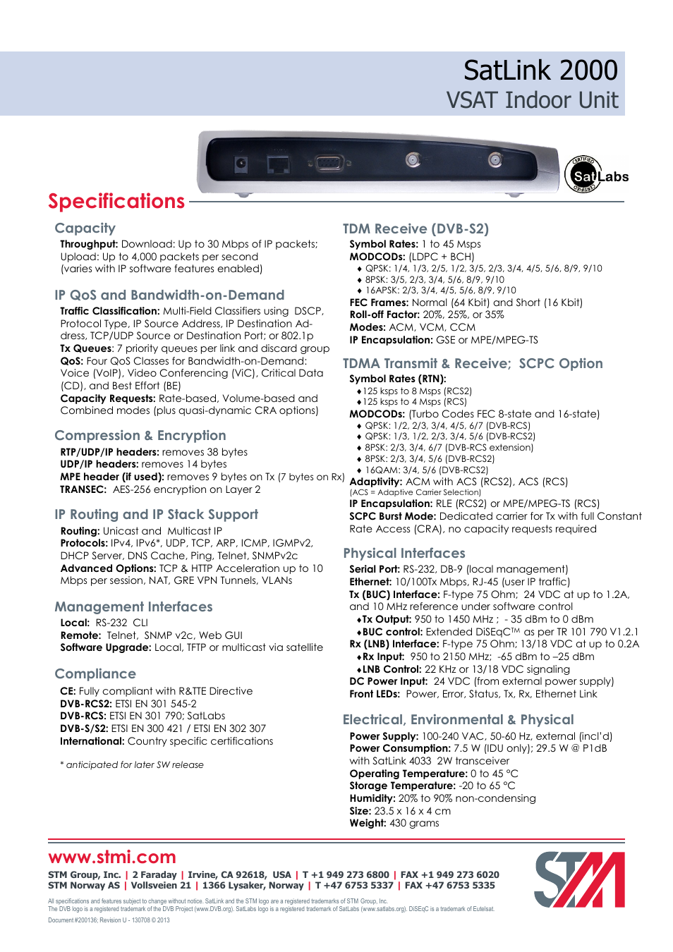 Satlink 2000, Vsat indoor unit, Specifications | Capacity, Management interfaces, Compliance, Physical interfaces, Electrical, environmental & physical, Tdm receive (dvb-s2), Compression & encryption | STM SatLink 2000 VSAT User Manual | Page 2 / 2